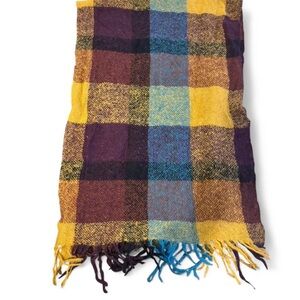 Oversized Plaid Blanket Scarf Mustard Purple Teal Chunky Fringe Cozy Wrap